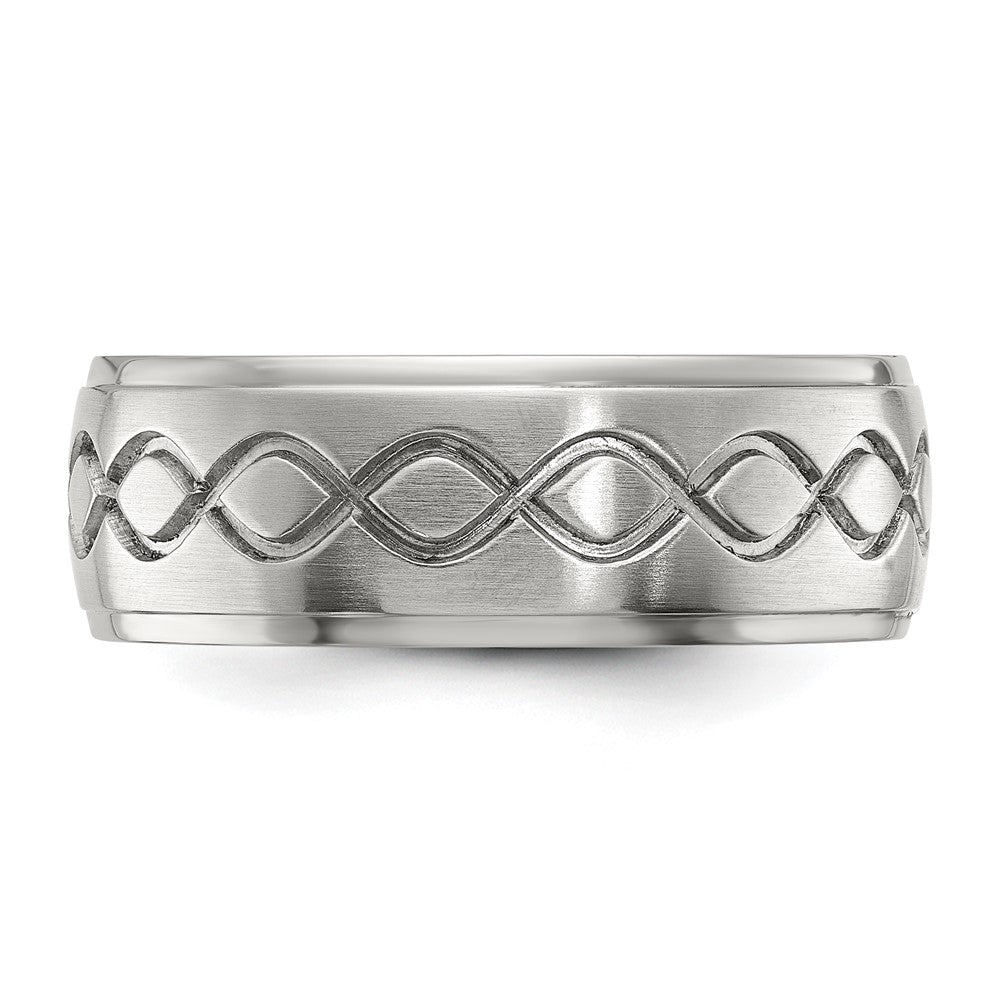 Stainless Steel Brushed & Polished Scroll Design 8mm Ridged Edge Band Size - 12
