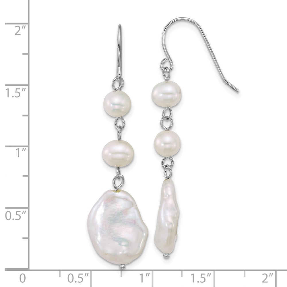 Sterling Silver Rhodium-plated 6-7mm Round and 11-12mm Keshi White Freshwater Cultured Pearl Dangle Shepherd Hook Earrings