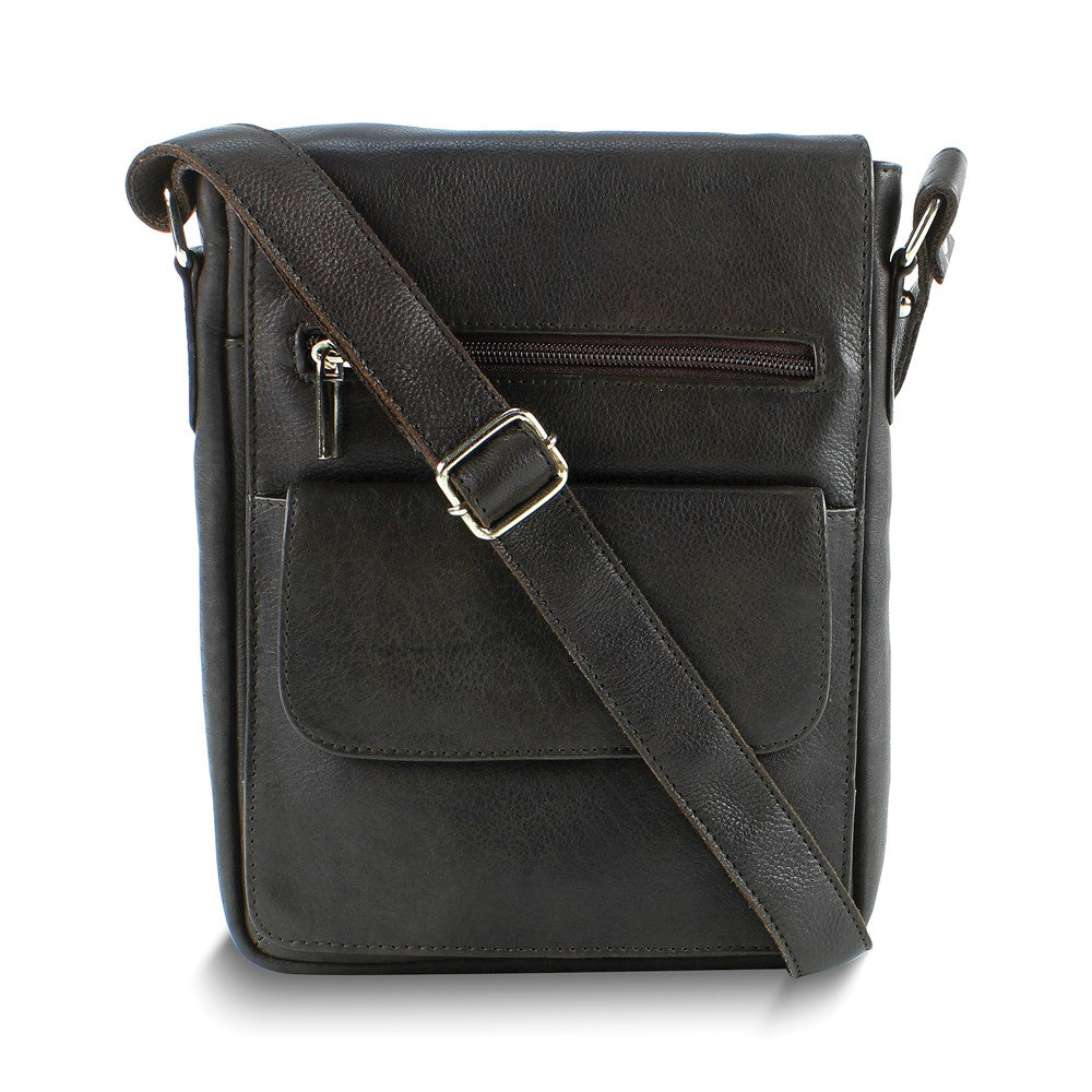 Brown Leather Cross Body Messenger Bag with Front Organizer Pocket and Adjustable Shoulder Strap