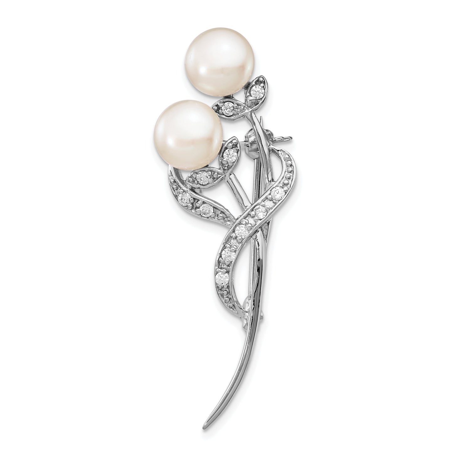 Sterling Silver Rhodium-plated 7-8mm White Button Freshwater Cultured Pearl and CZ Brooch QQP5047
