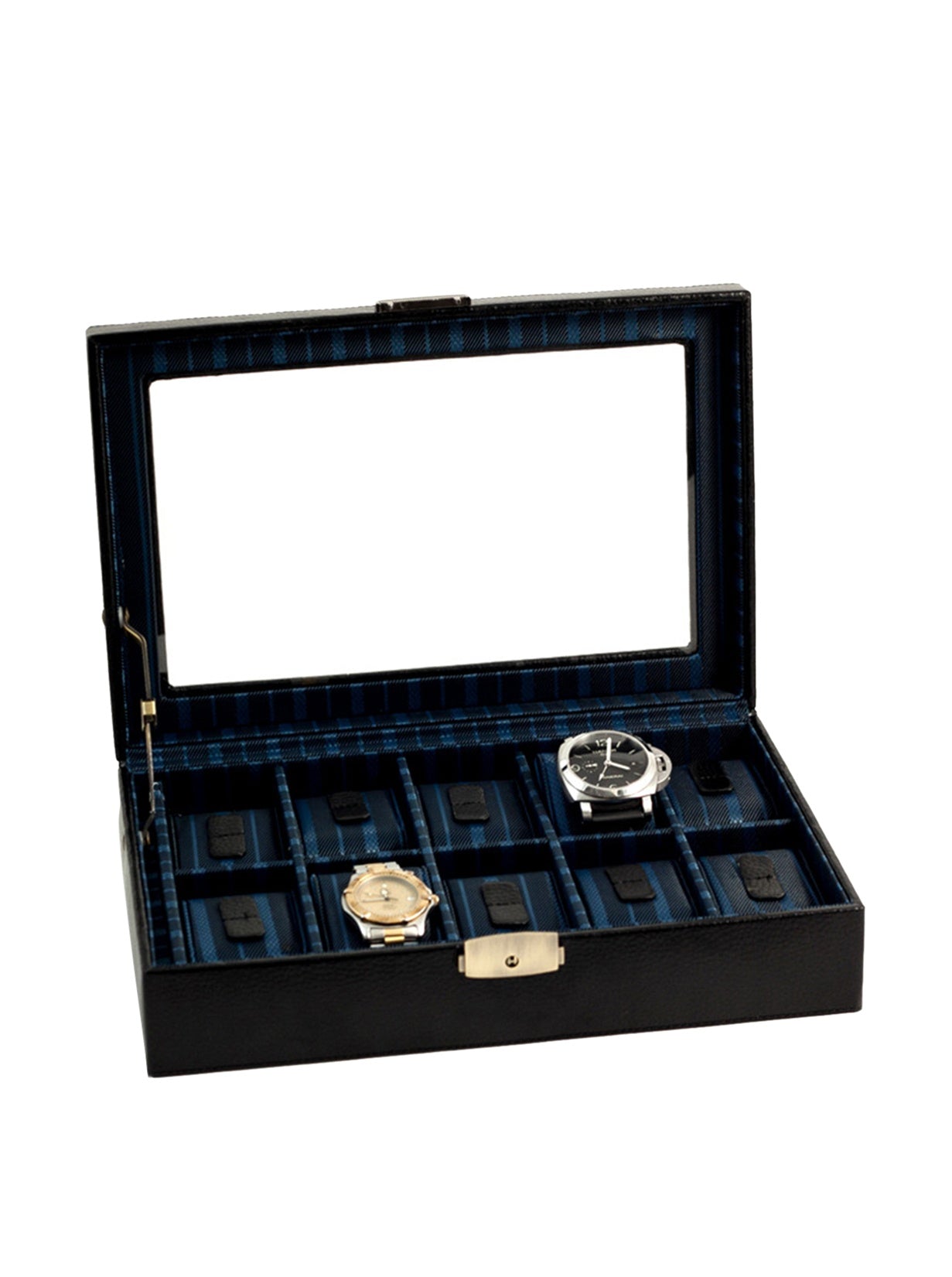 Black Leather Glass Lid Fabric-Lined Locking 10-Watch Case GM8752