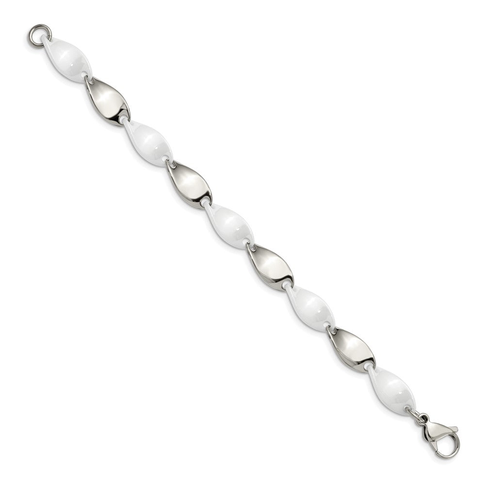 Stainless Steel Polished w/White Ceramic 7.75in Bracelet 7.25 inches