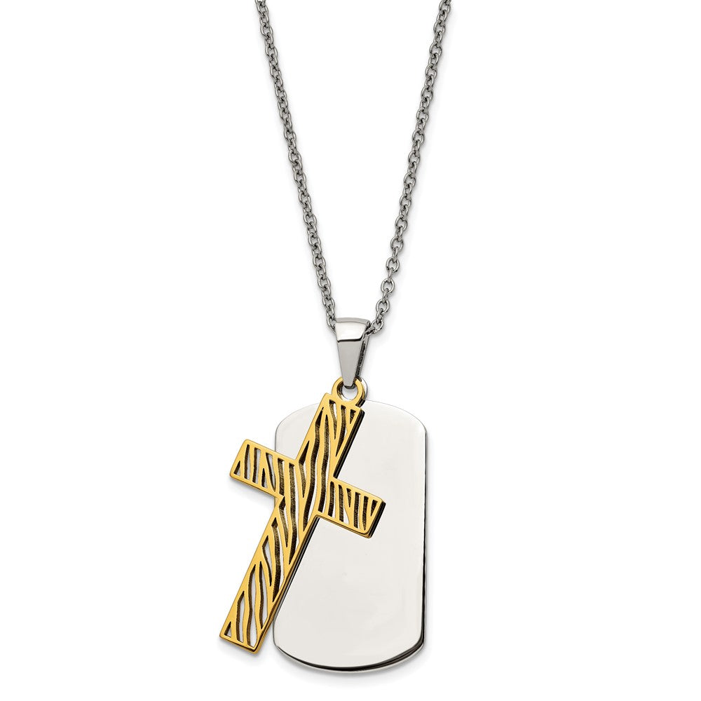 Stainless Steel Polished Yellow IP-plated Cross Dog Tag 24in Necklace