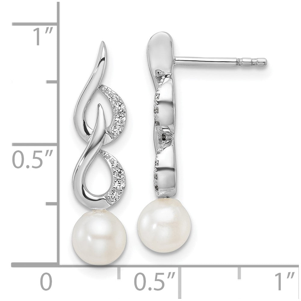 14K White Gold Polished Diamond and Pearl Drop Post Earrings