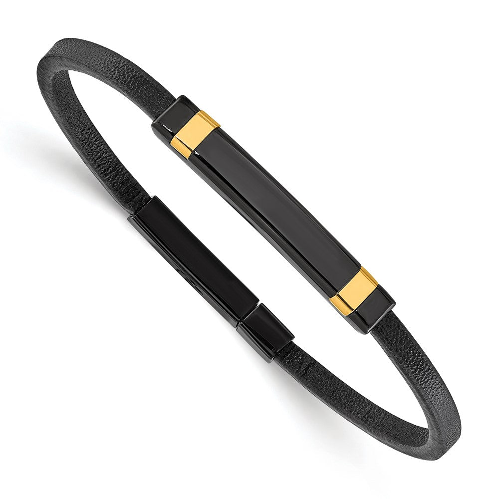 Stainless Steel Polished Black/Yellow IP Black Leather 8.5in Bracelet 8.5 inches