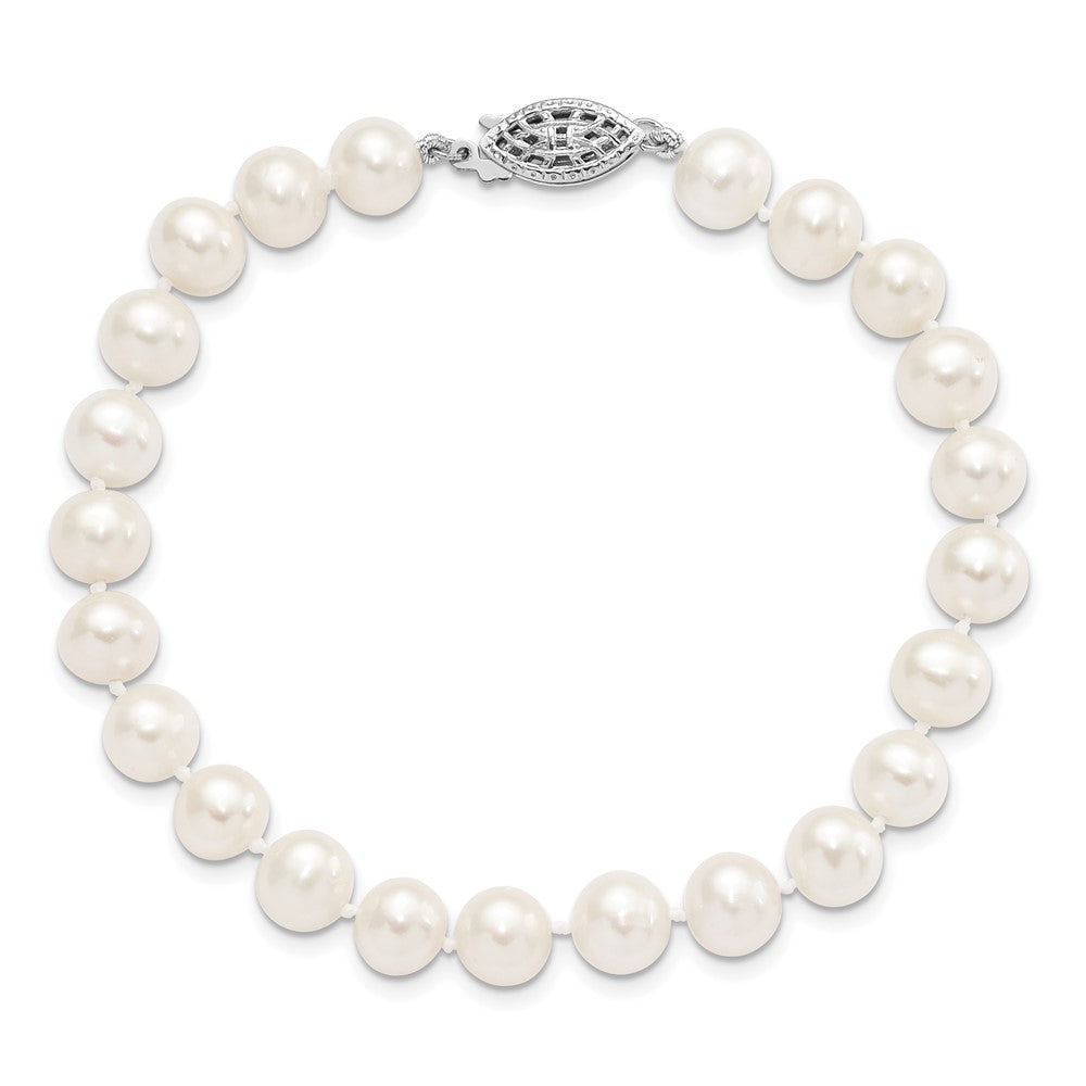 Sterling Silver Rhodium-plated 7-8mm White Near Round Freshwater Cultured Pearl8.25 inch Bracelet