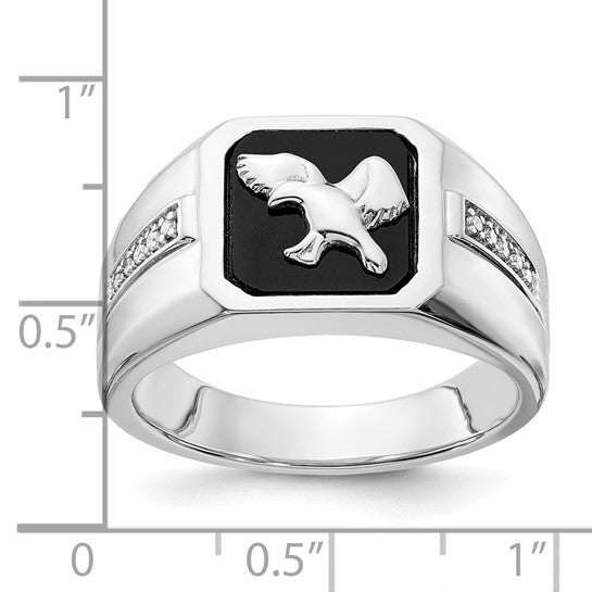 10K White Gold Polished Onyx & Diamond Eagle Mens' Ring
