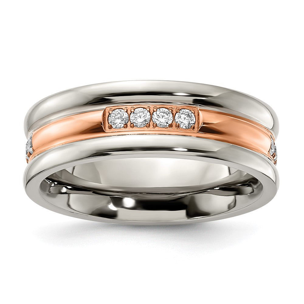 Stainless Steel Polished Rose IP-plated with CZ 7.00mm Band Size - 10.5