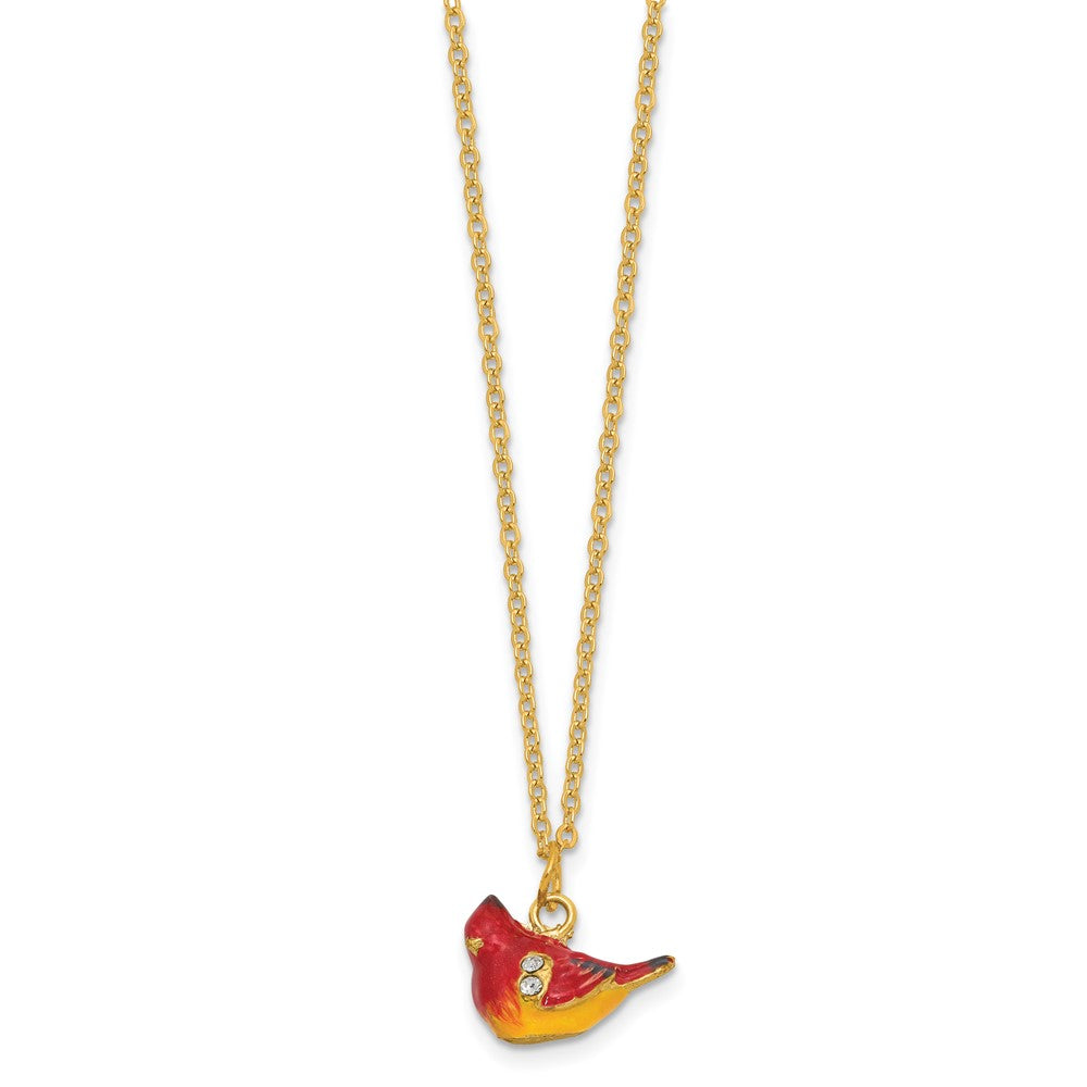 Luxury Giftware by Jere Bejeweled Crystal Gold-tone Enameled CARMINE Cardinal on Holly Branch Trinket Box and Matching 18 Inch Necklace