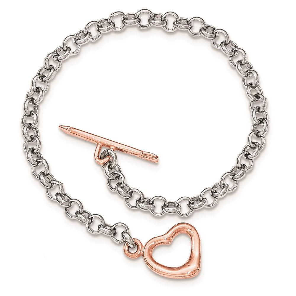 Sterling Silver Rhodium-plated Rose-tone Rolo w/Heart Bracelet 7.75 inches