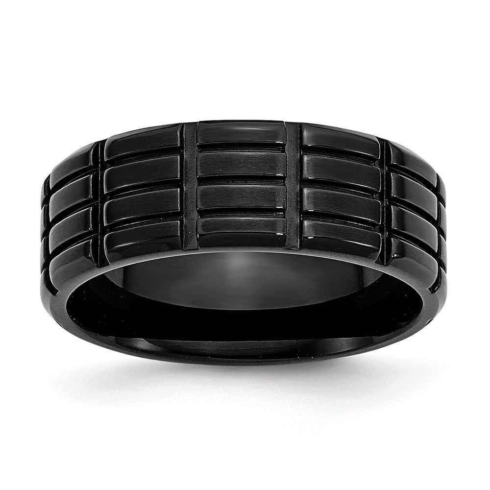 Stainless Steel Brushed Black IP-plated 8mm Grooved Band Size - 12