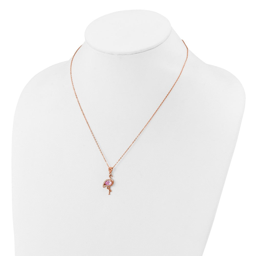 Cheryl M Sterling Silver Rose-tone Polished Lab Created Ruby Black Spinel and CZ Flamingo Necklace 18 Inches