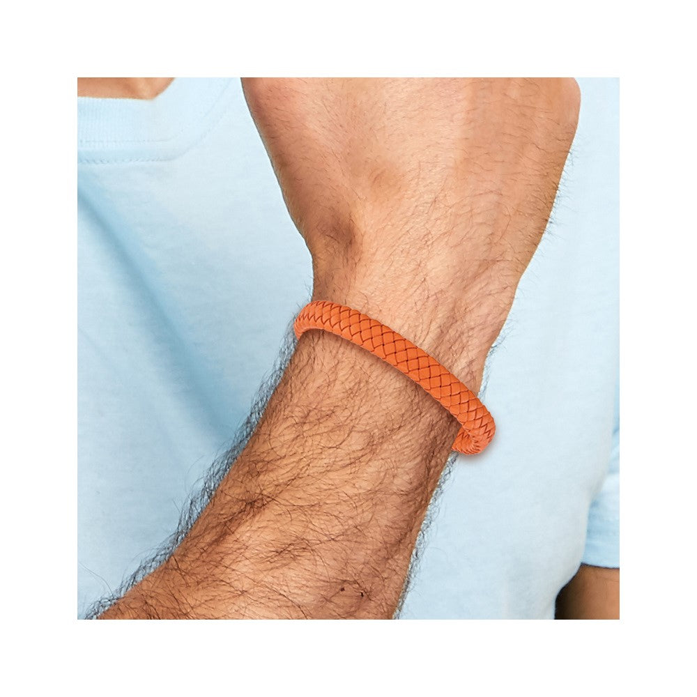 Chisel Stainless Steel Polished Braided Orange Leather 8.25 inch Bracelet 8.25 inches