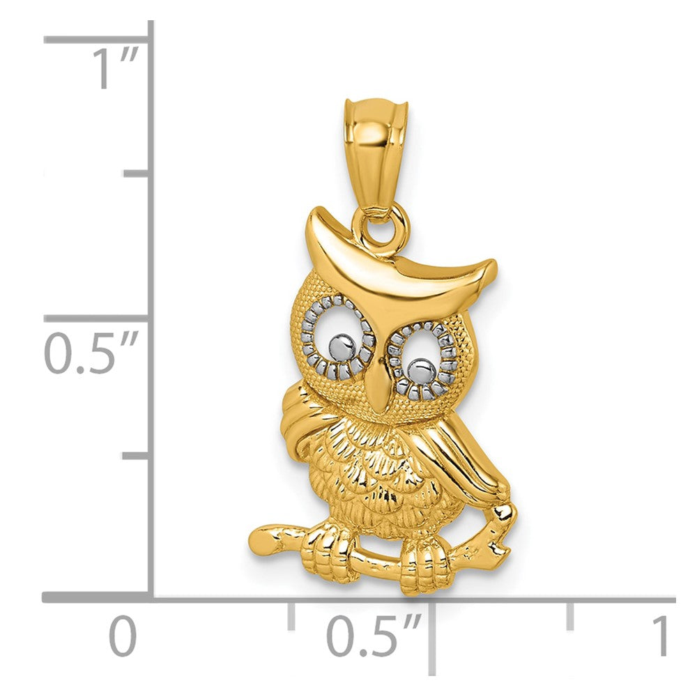 14k and Rhodium Polished and Textured Owl Pendant