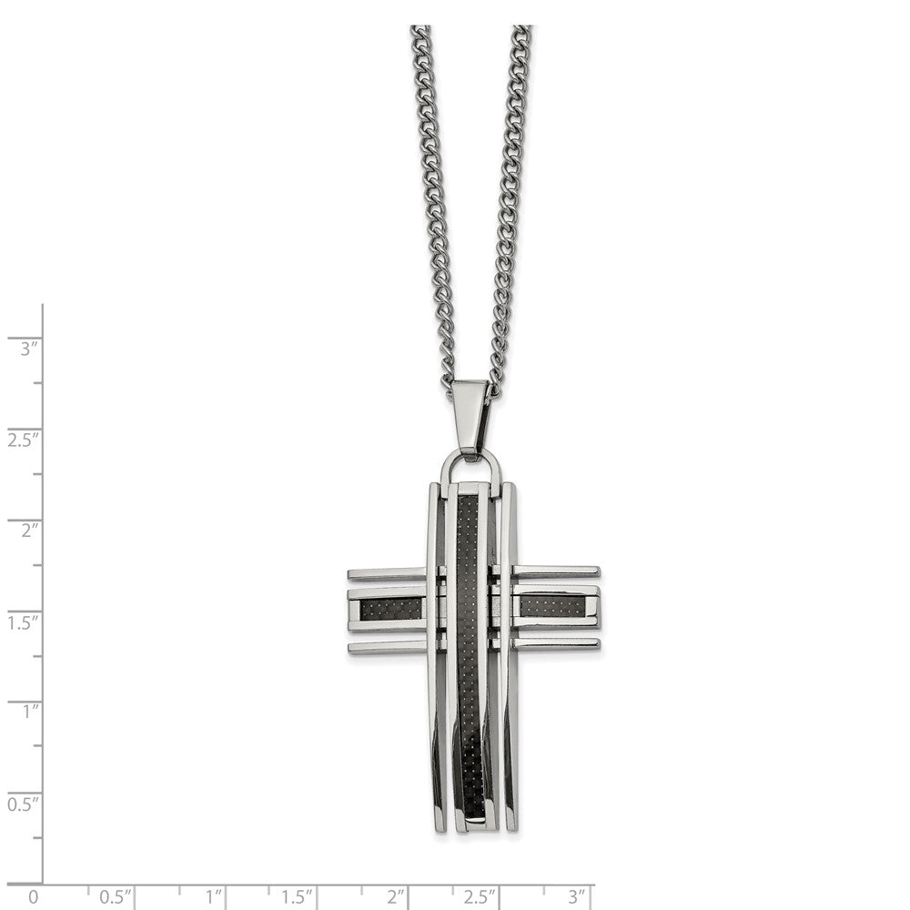 Stainless Steel Polished w/Black Carbon Fiber Inlay Cross 24in Necklace