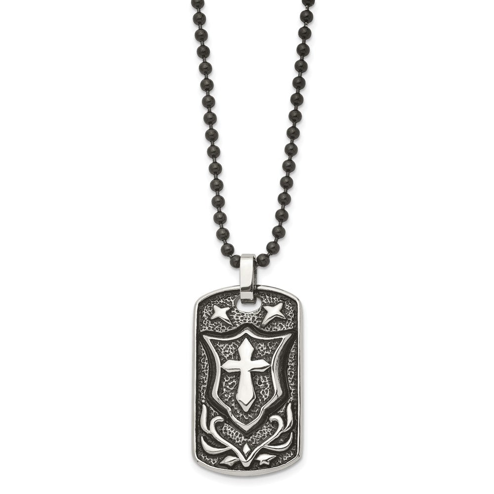 Stainless Steel Antiqued Polished & Textured Cross Dog Tag 24in Necklace