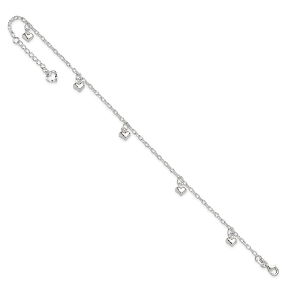 Sterling Silver Polished Puffed Heart 9in Plus1in Ext Anklet 9 inches