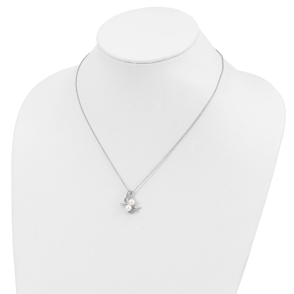 Cheryl M Sterling Silver Rhodium-plated Freshwater Cultured Pearl and Brilliant-cut CZ Leaves 18 Inch Necklace 18 Inches