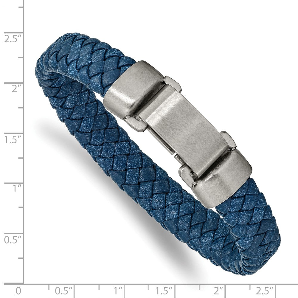 Stainless Steel Brushed Blue Leather 8.25in Bracelet 8.25 inches