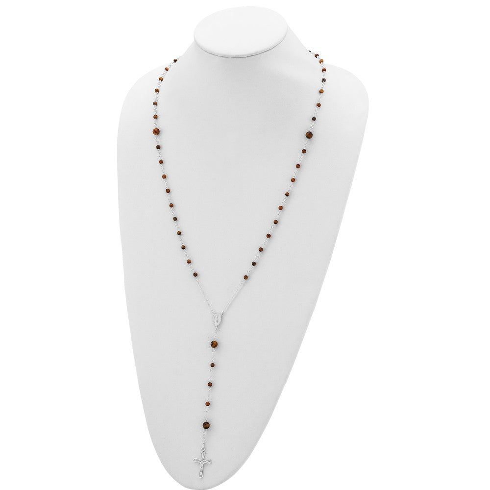 Sterling Silver Polished Tiger Eye Bead Rosary 33 inch Necklace 33 Inches