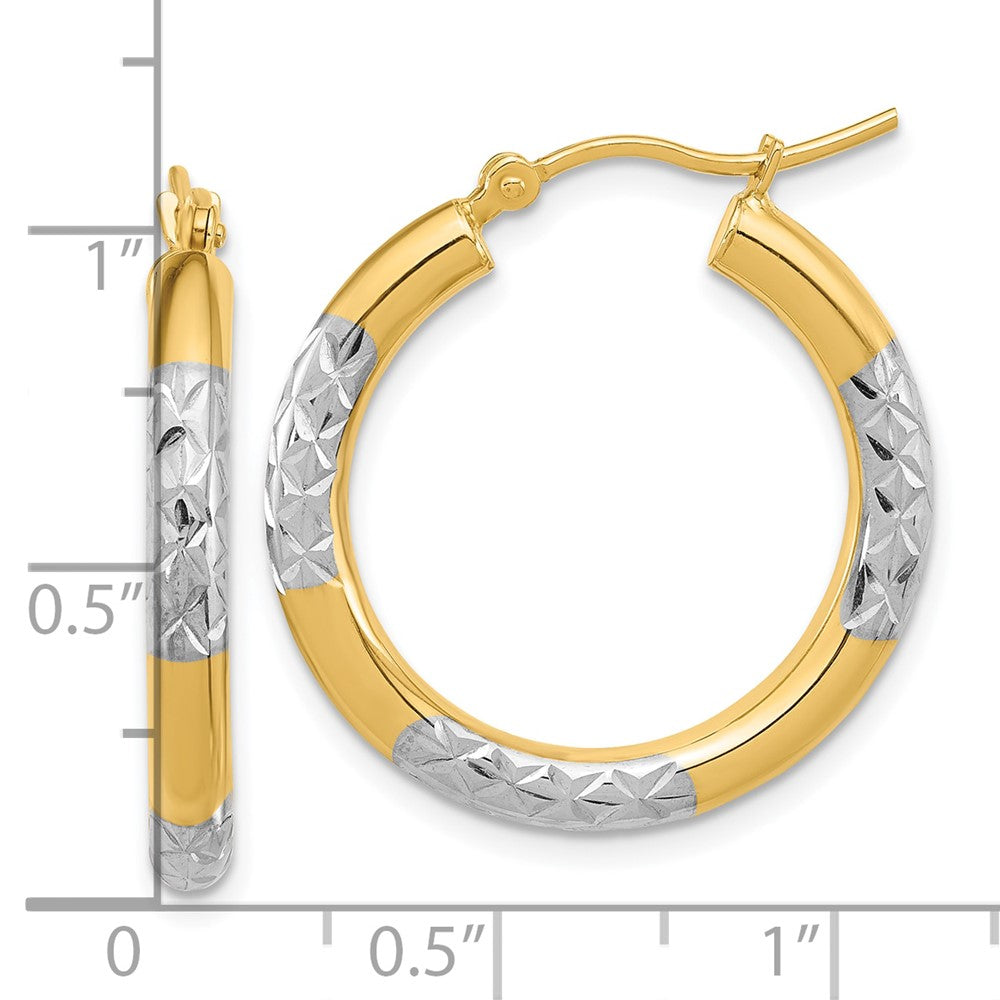 14k with Rhodium Diamond Cut 3mm Hoop Earrings