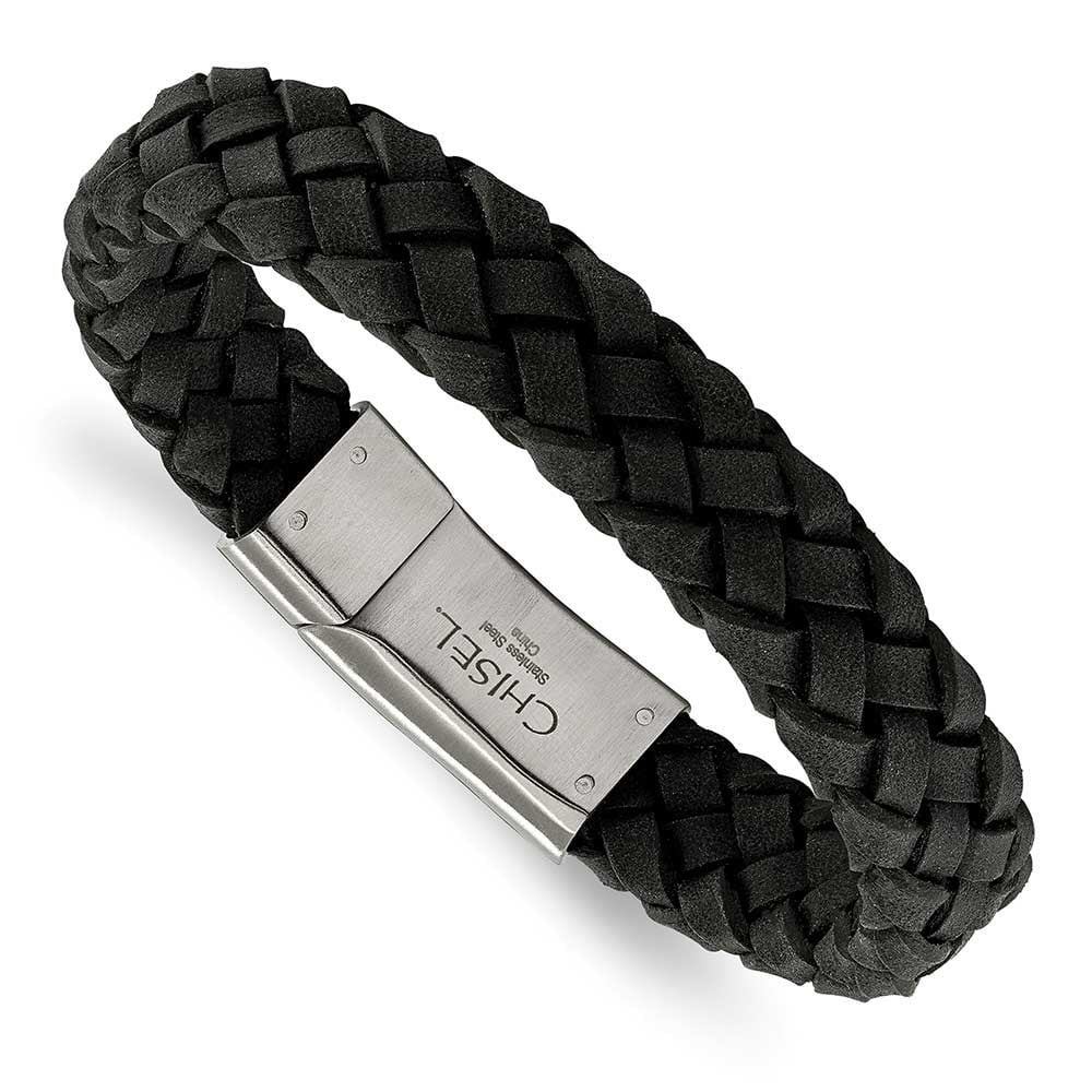 Stainless Steel Brushed Black Leather 8.25in Bracelet