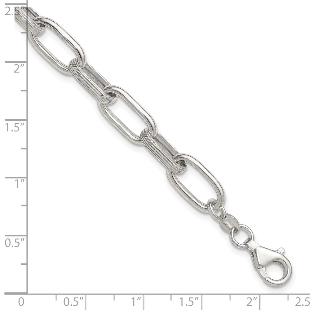 Sterling Silver Polished and Textured Oval Link 7 inch with 0.5 inch Extender Bracelet