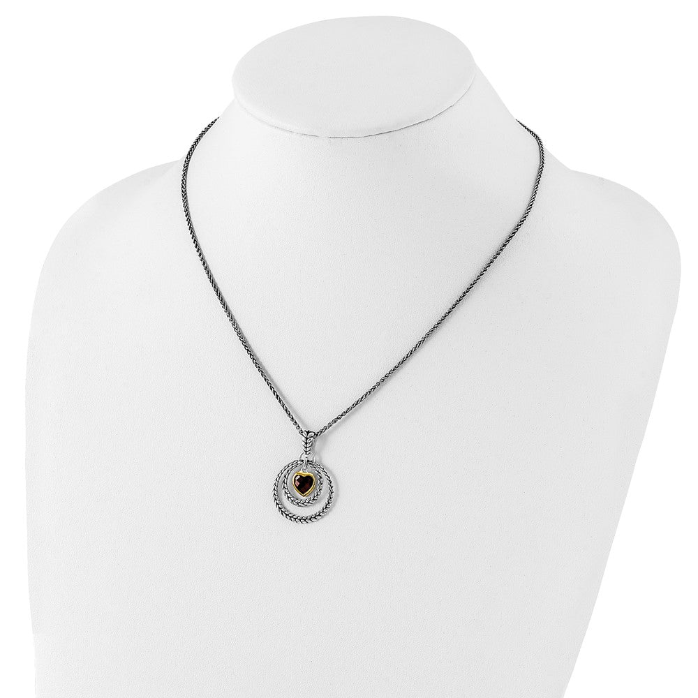 Shey Couture Sterling Silver Gold-tone Flash Gold-plated 18 Inch Antiqued Checkerboard Garnet Heart Necklace 18 Inches