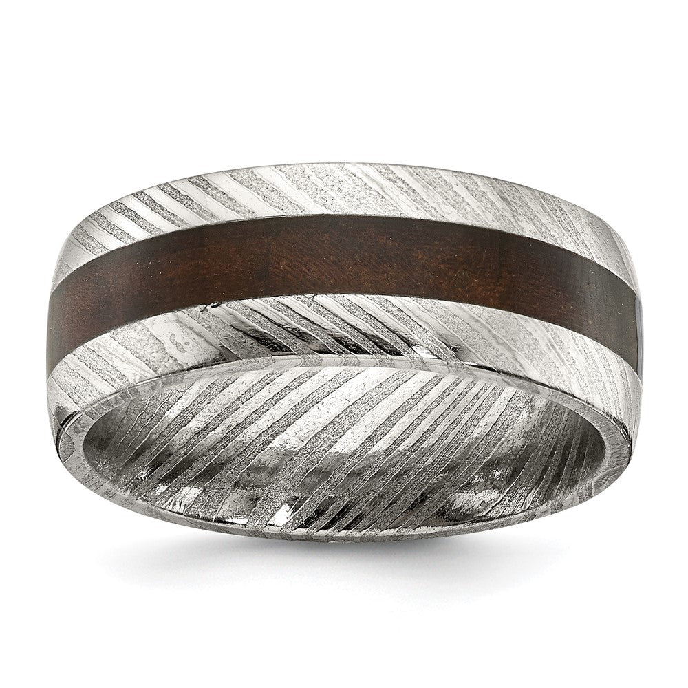 Damascus Steel Polished with Ebony Wood Inlay 8mm Band Size - 9