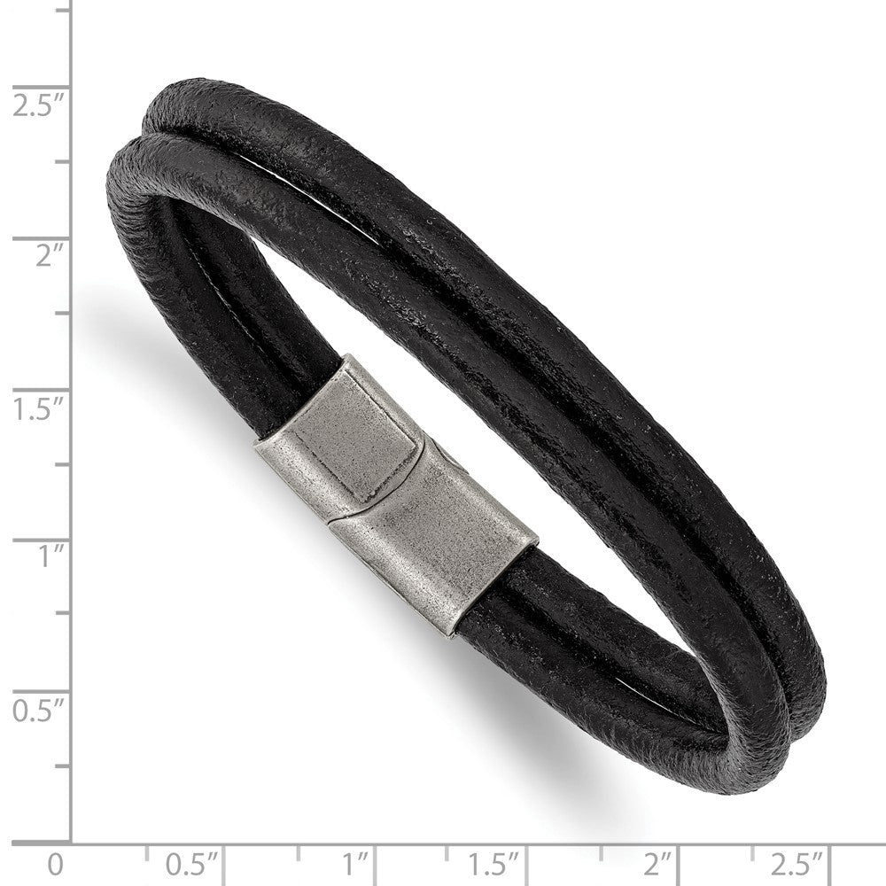 Stainless Steel Antiqued Black Leather 2-Strand 8.25in Bracelet 8.25 inches