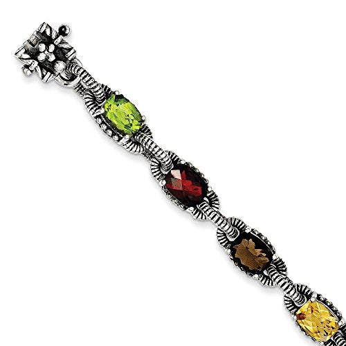 Shey Couture Sterling Silver 7.25 Inch Antiqued Cushion .86Amethyst/.86Citrine/1.10Garnet/.55Peridot/.86Smoky Quartz Bracelet 7.25 inches