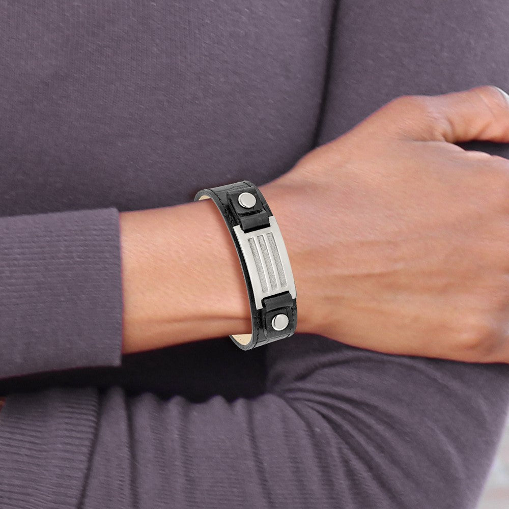 Stainless Steel Polished Black Leather w/Stone Finish 9.5in Bracelet