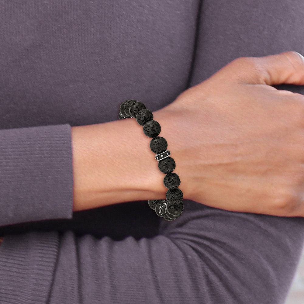 Stainless Steel Polished Black Enamel Lava Stone Beads Stretch Bracelet 7.25 inches