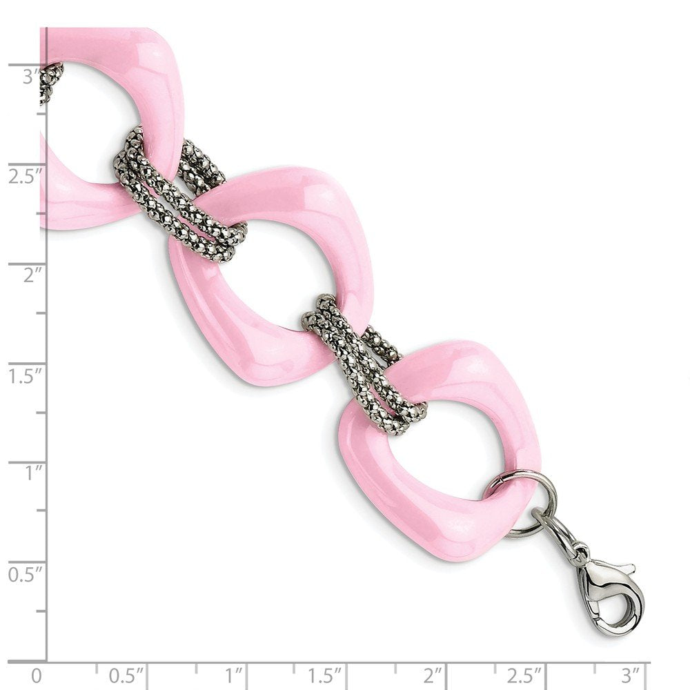 Stainless Steel Polished w/Pink Ceramic 8in Bracelet 8 inches