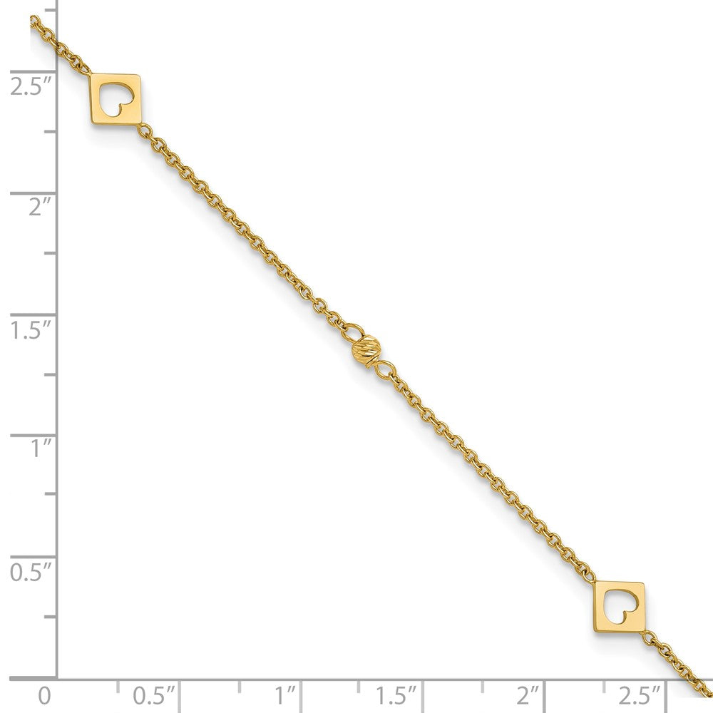 14k Polished Cut-out Hearts and Diamond-cut Beads 9 inch with 1 inch Extender Anklet