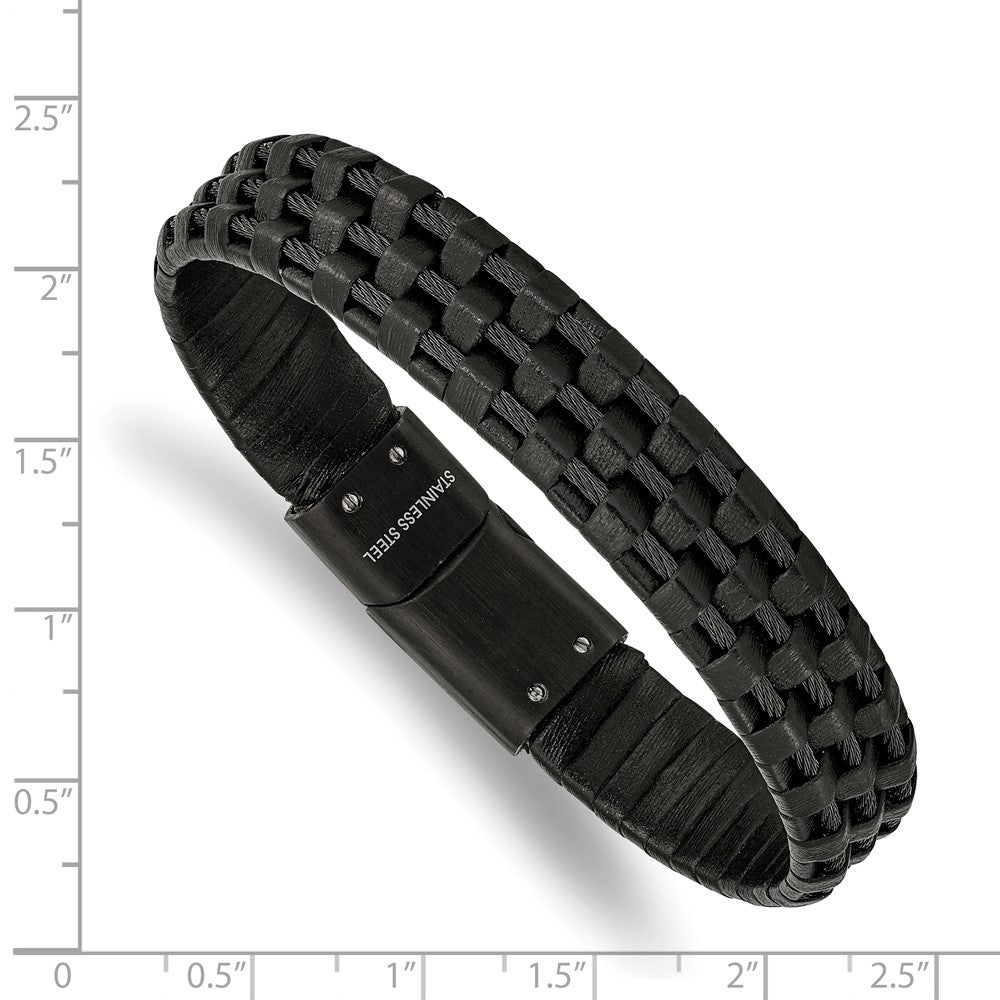 Stainless Steel Brushed and Polished Black IP Leather and Wire Bracelet 8.25 inches