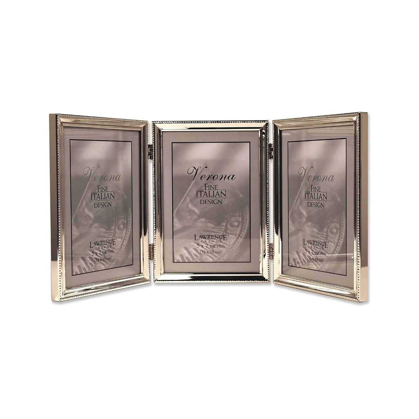 Lawrence Frames Polished Silver Plate 5x7 Hinged Triple Picture Frame - Bead Border Design