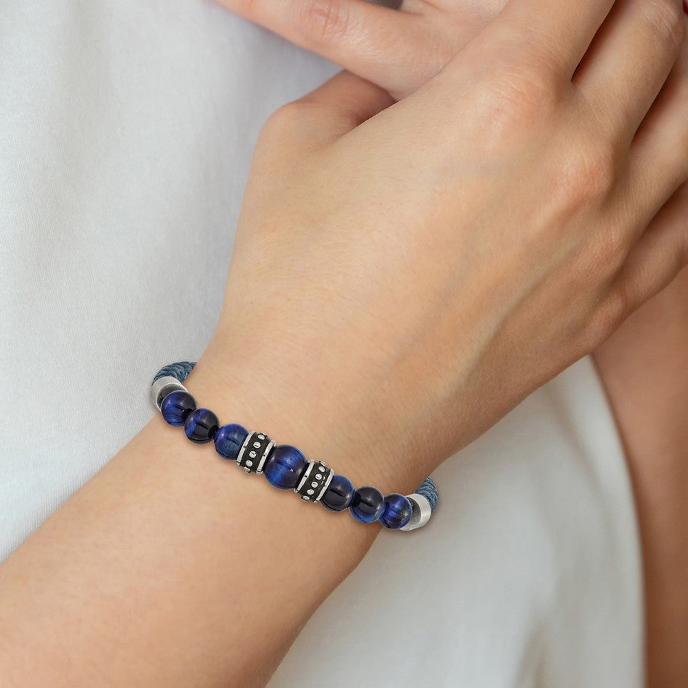 Stainless Steel Antiqued and Polished Blue Tiger's Eye Leather Bracelet 8.25 inches