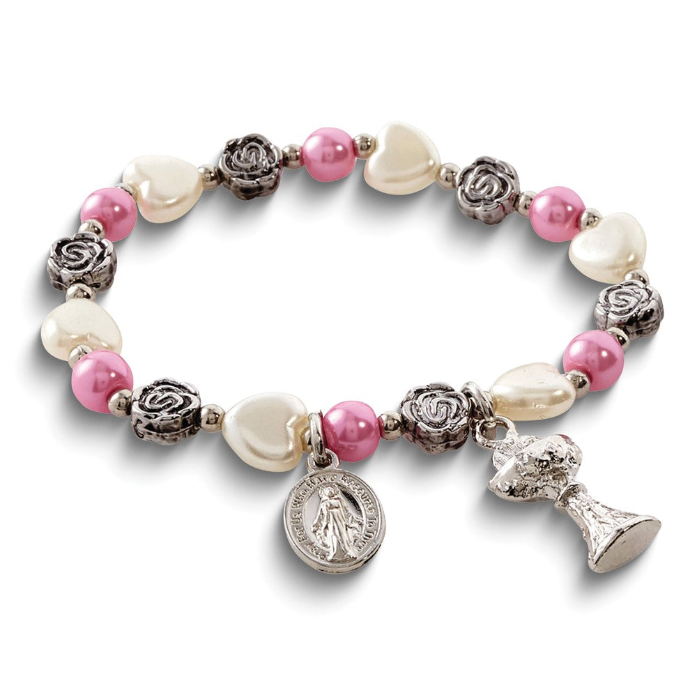 Silver-tone First Communion Rose Beaded Bracelet