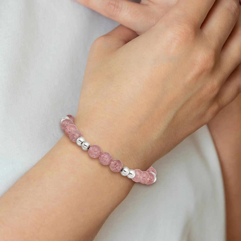 Stainless Steel Polished Strawberry Quartz Beaded Stretch Bracelet 7.25 inches
