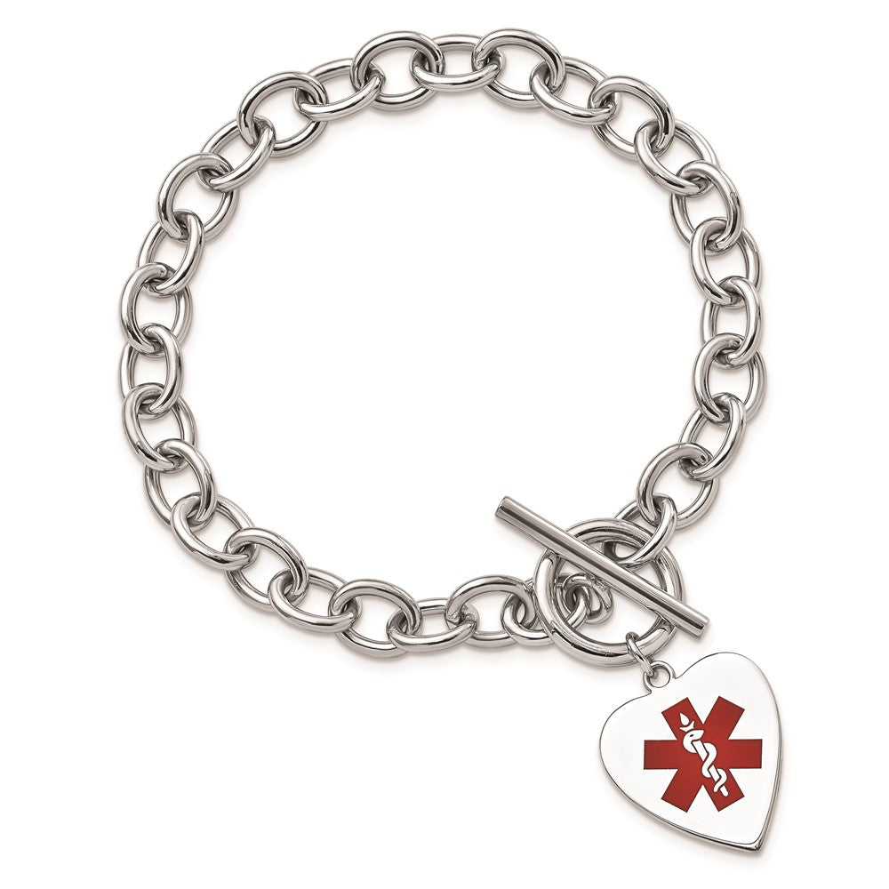 Sterling Silver Rhodium Engraveable Enamel Heart Medical ID Bracelet 7.75 inches