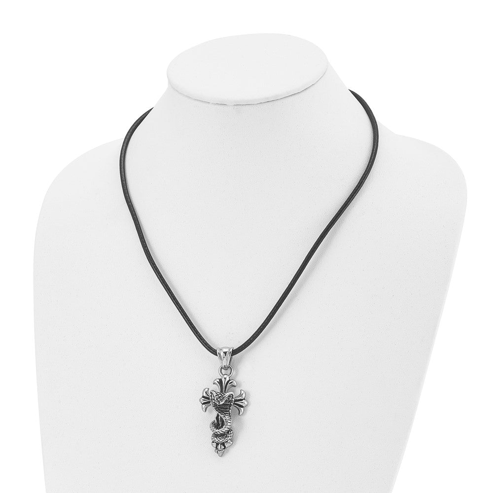 Stainless Steel Antiqued and Polished Snake on Cross 20in Leather Necklace