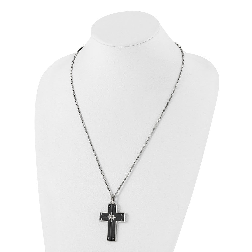 Stainless Steel Polished Black IP Cross w/Starburst 24in Necklace