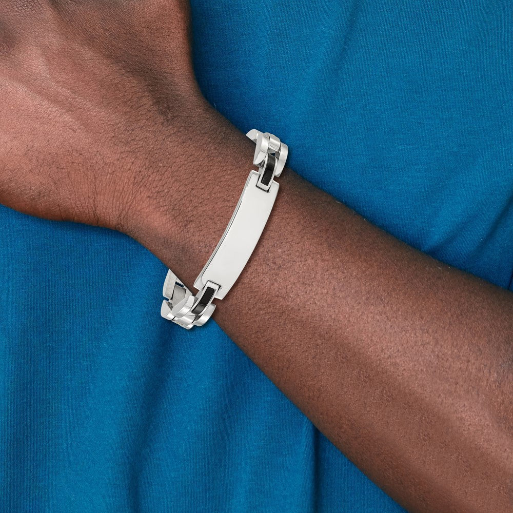 Chisel Stainless Steel Polished with 14K Gold Accent and 1/15ct. Diamond and Onyx 8.75 inch ID Bracelet 8.75 inches