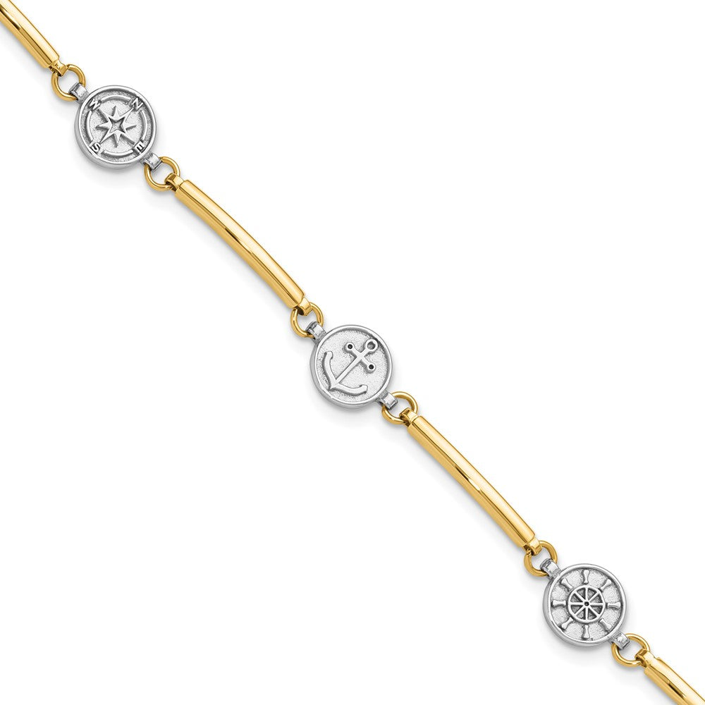 14K Two-tone Polished Compass and Anchor w/ 1in ext. Bracelet 7 inches
