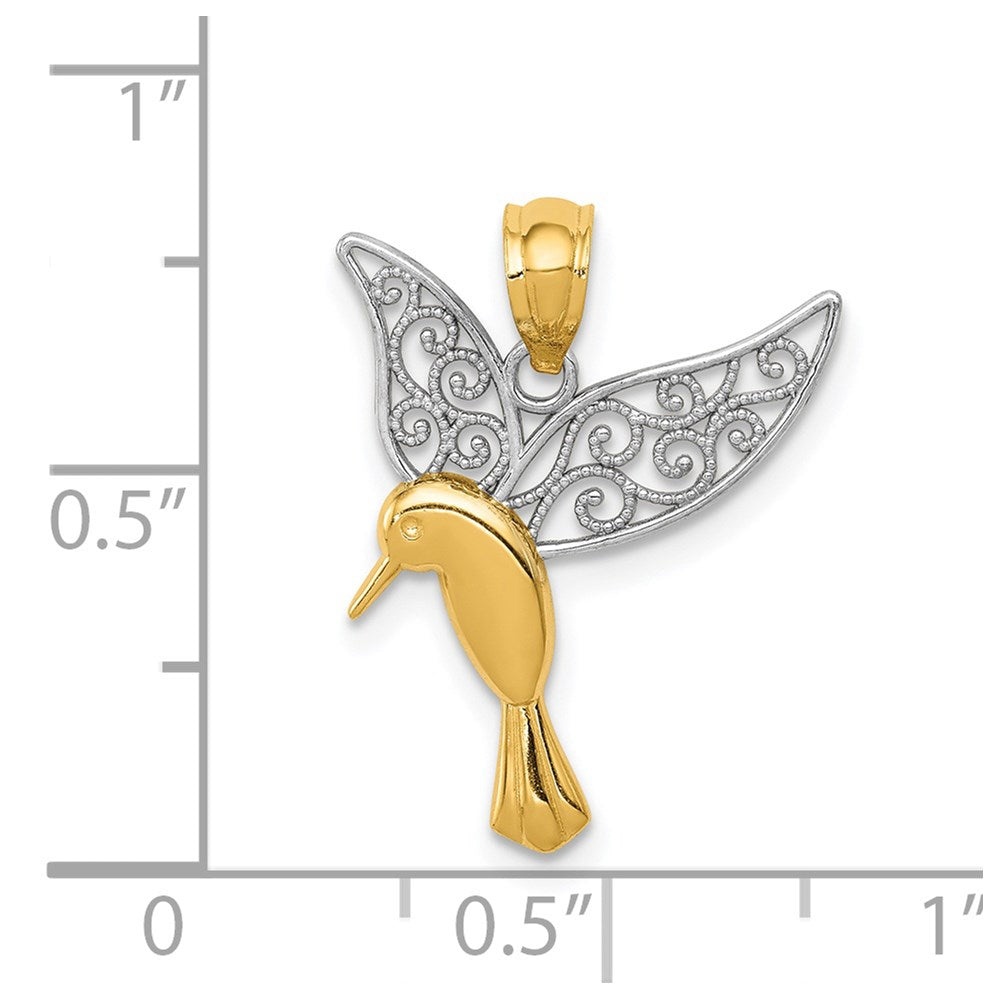 14k w/Rhodium Polished Hummingbird Filigree Wings Pendant