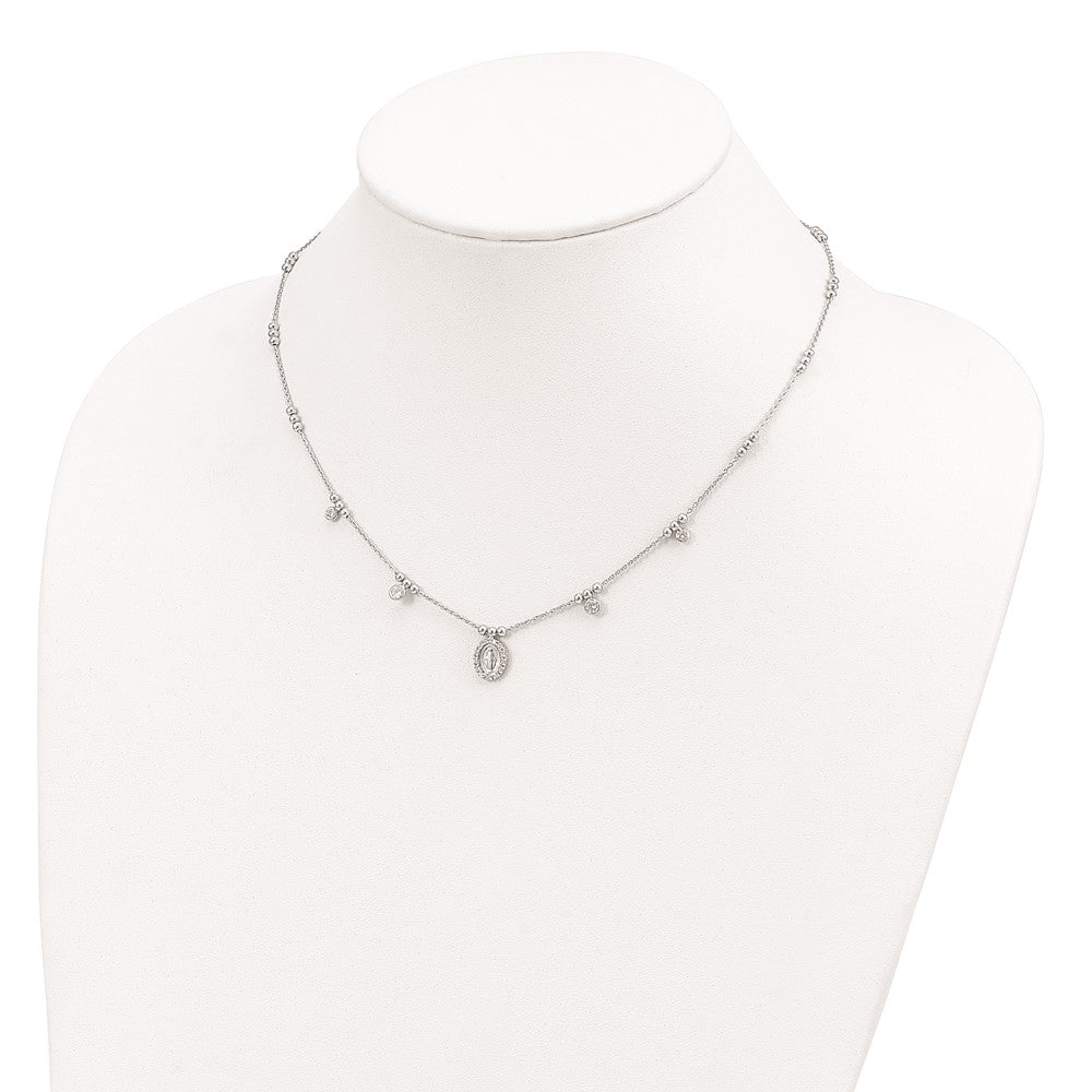 Sterling Silver RH-plated CZ Miraculous Medal w/1.5in ext. Necklace 16 Inches