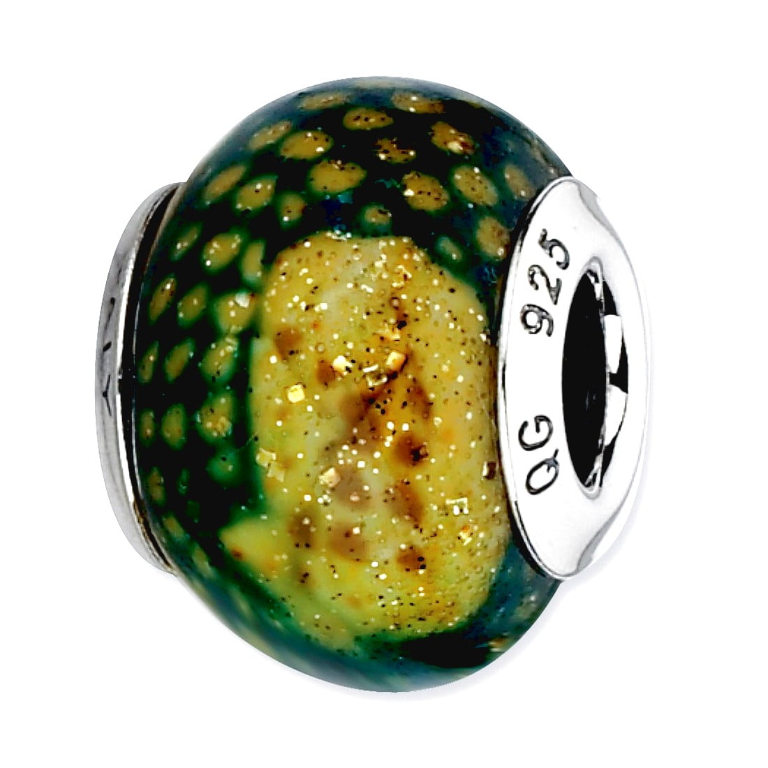 Sterling Silver Reflections Green Python Glitter Overlay Glass Bead