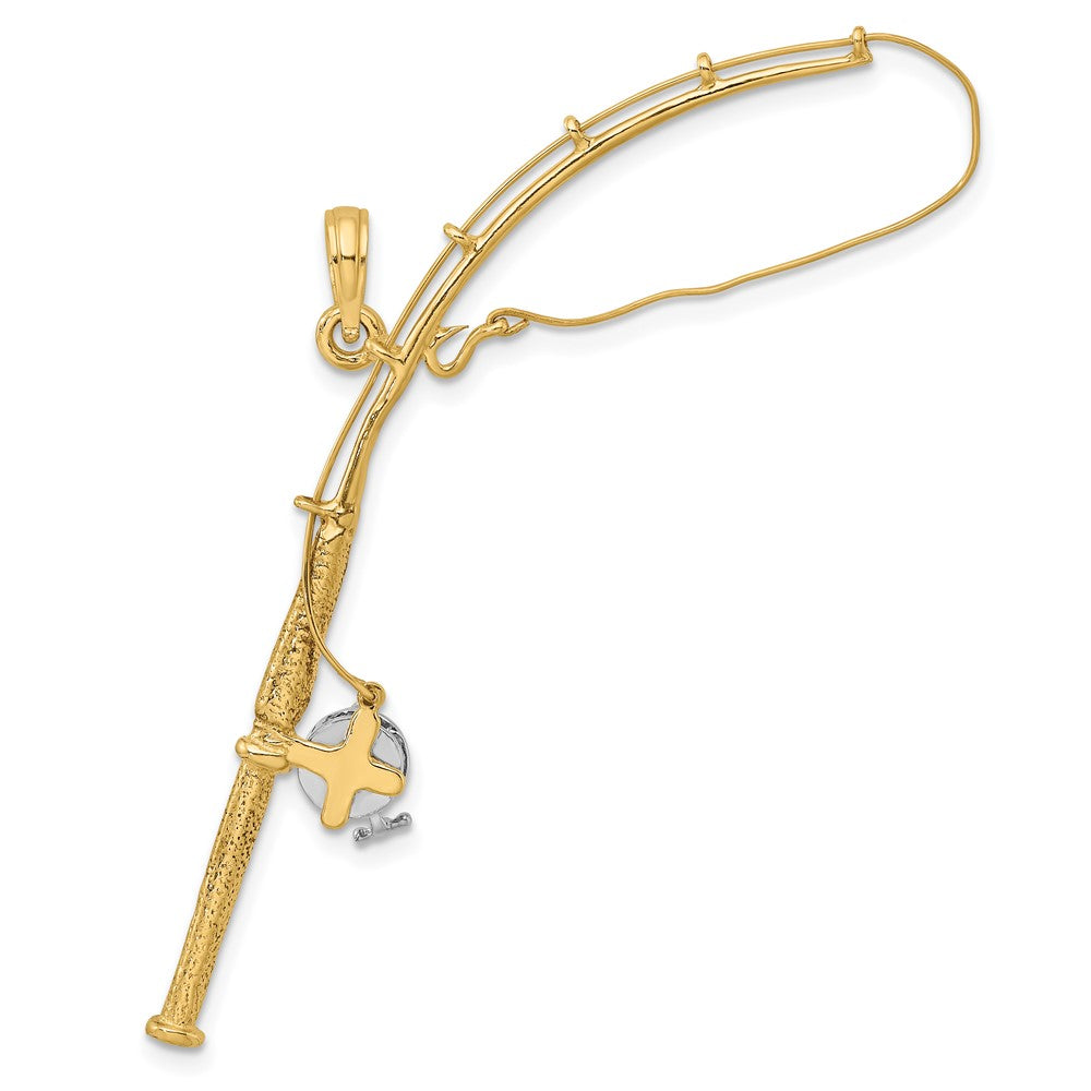 10K w/Rhodium 3-D Moveable Fishing Pole W/ Reel Pendant