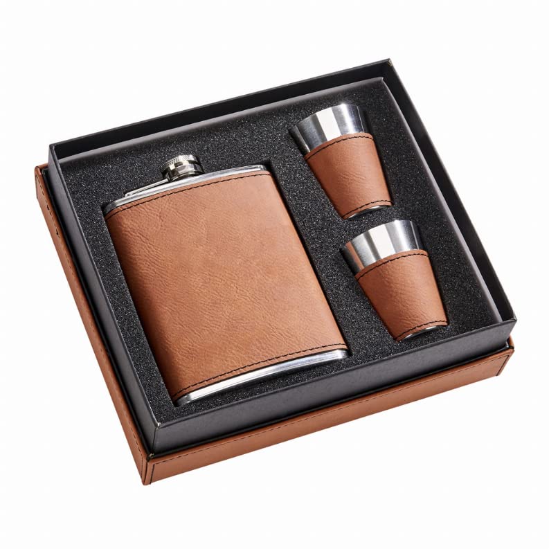 Leatherette Box with Flask and Two Cups in Caramel